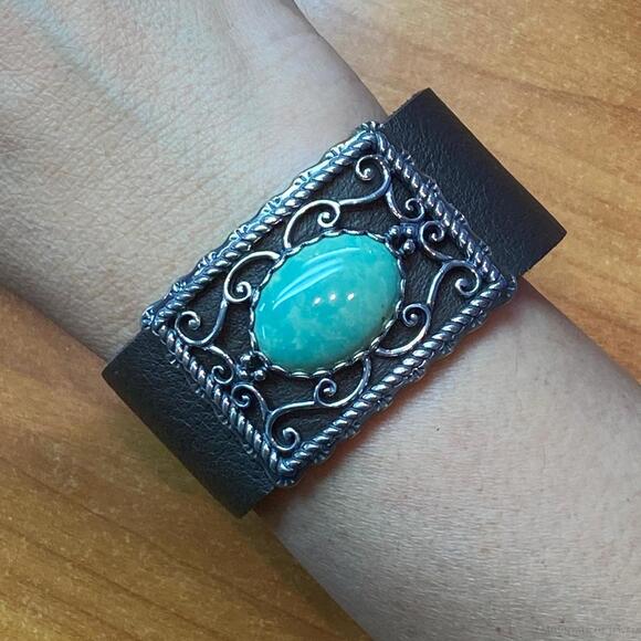 Carolyn Pollack Sterling Brown Leather Oval Turquoise Toggle Clasp Bracelet - Picture 1 of 10